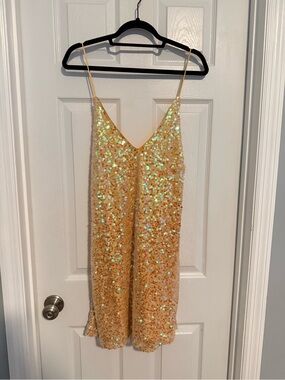 Lulu's Gold Sequin Spaghetti Strap Slip Dress